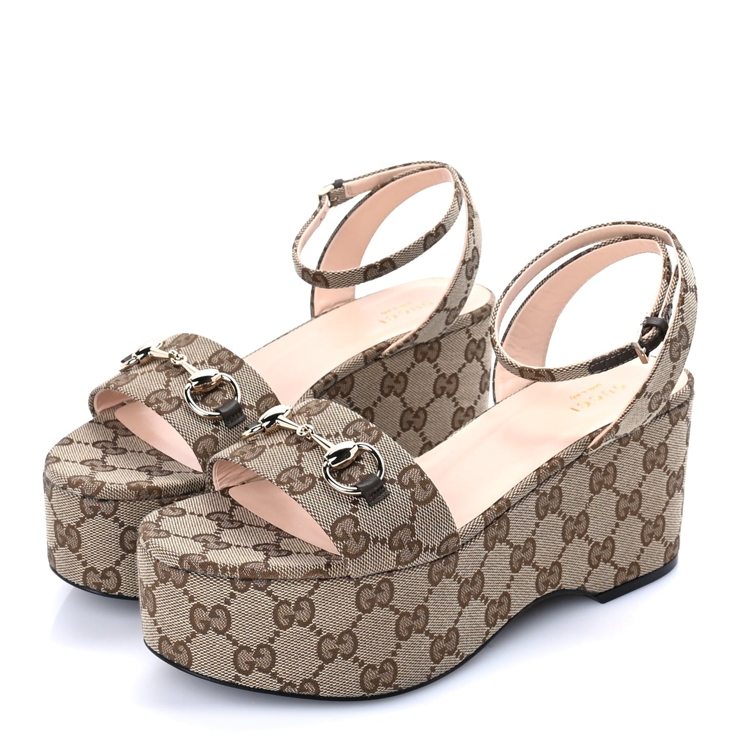 Gucci Monogram Nappa Chalotte Horsebit Ankle Strap 75mm Flatform Sandals 38.5  Beige Ebony