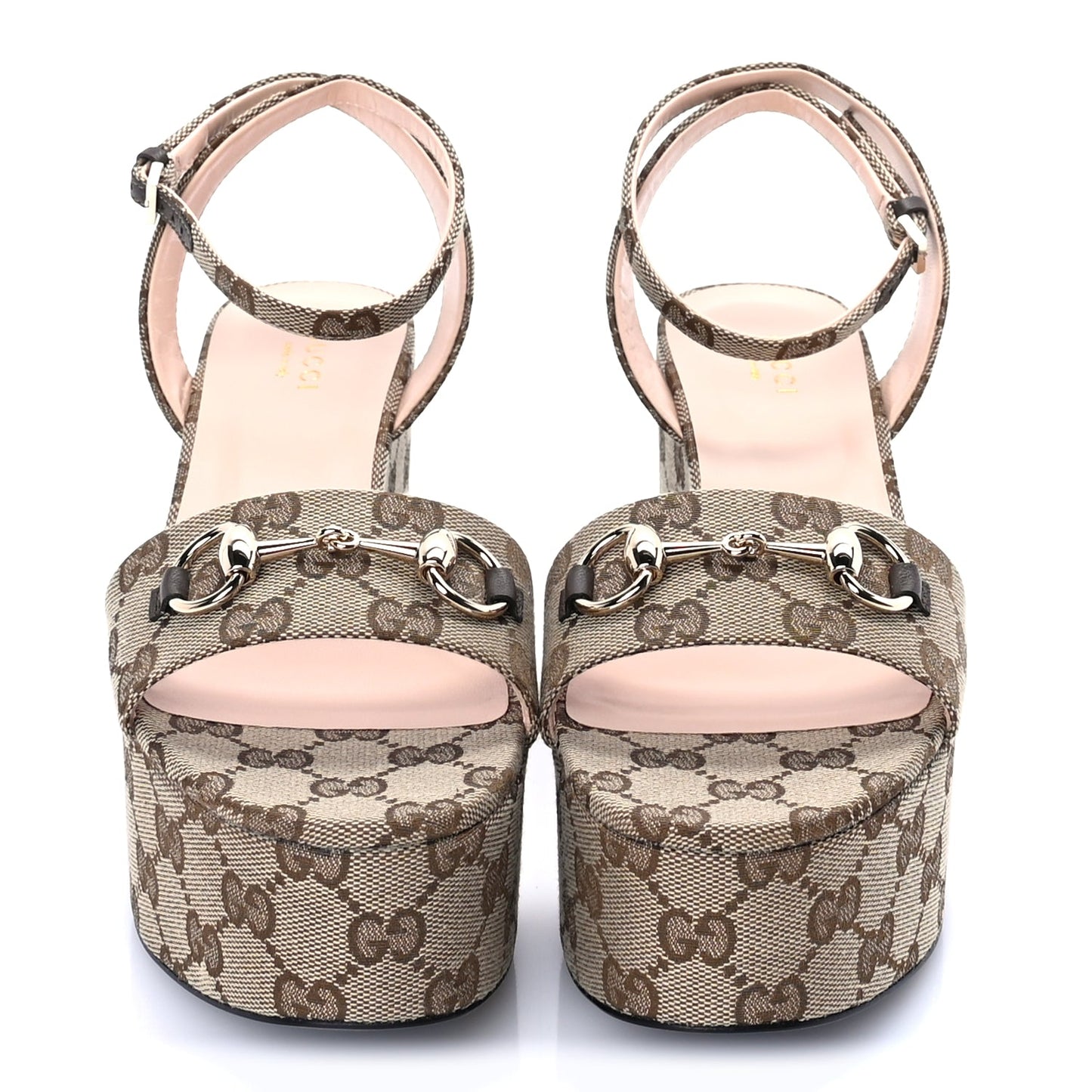 Gucci Monogram Nappa Chalotte Horsebit Ankle Strap 75mm Flatform Sandals 38.5  Beige Ebony