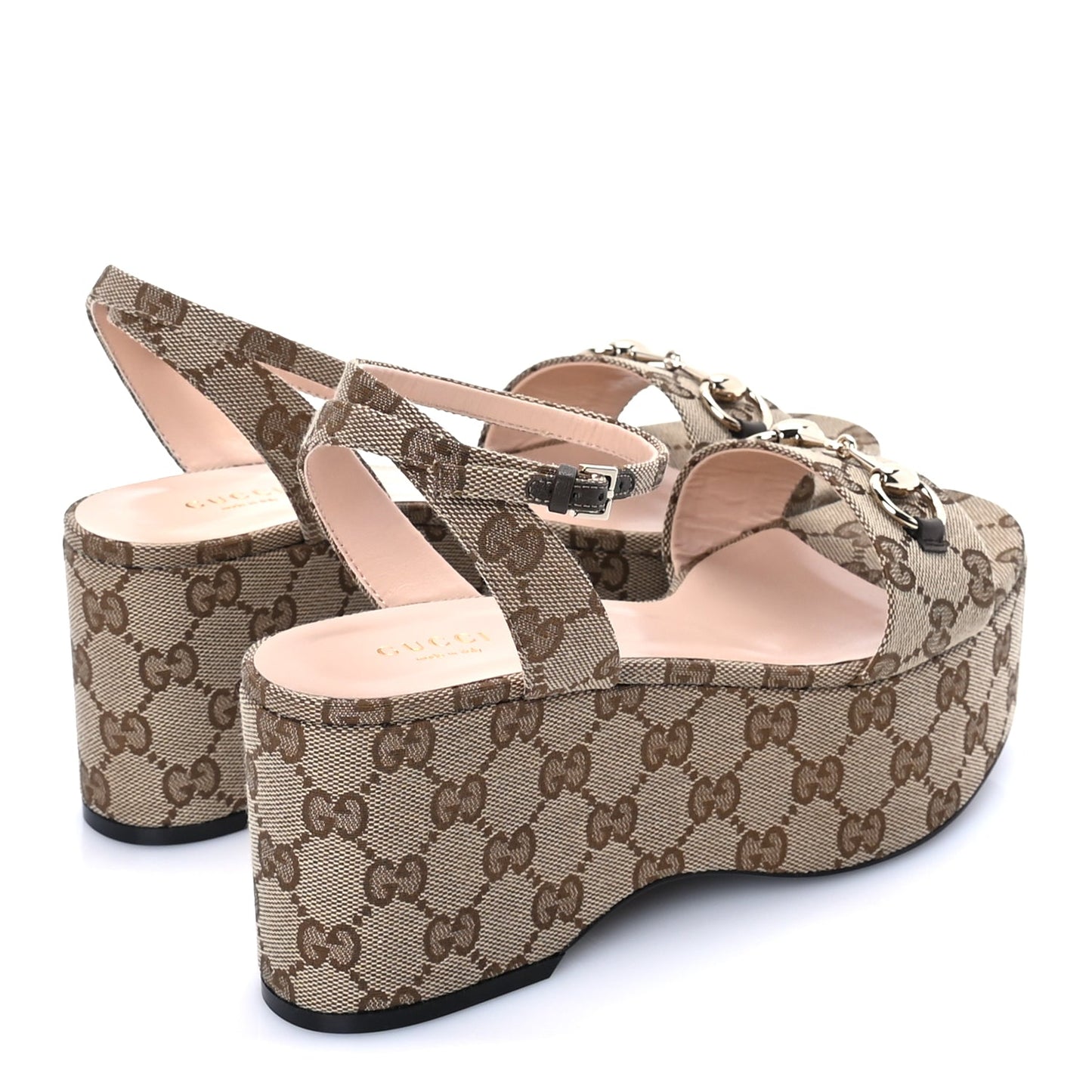 Gucci Monogram Nappa Chalotte Horsebit Ankle Strap 75mm Flatform Sandals 38.5  Beige Ebony