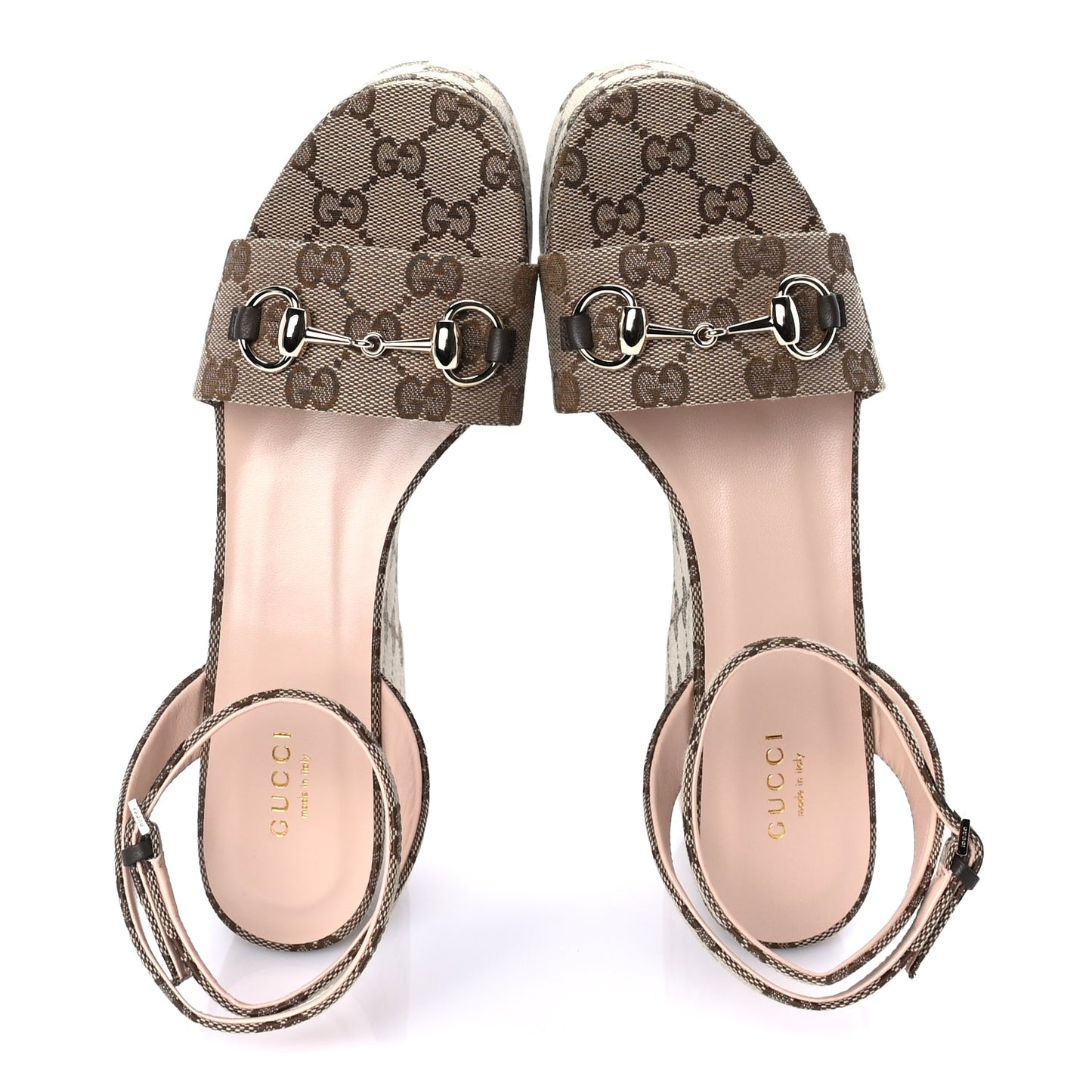 Gucci Monogram Nappa Chalotte Horsebit Ankle Strap 75mm Flatform Sandals 38.5  Beige Ebony