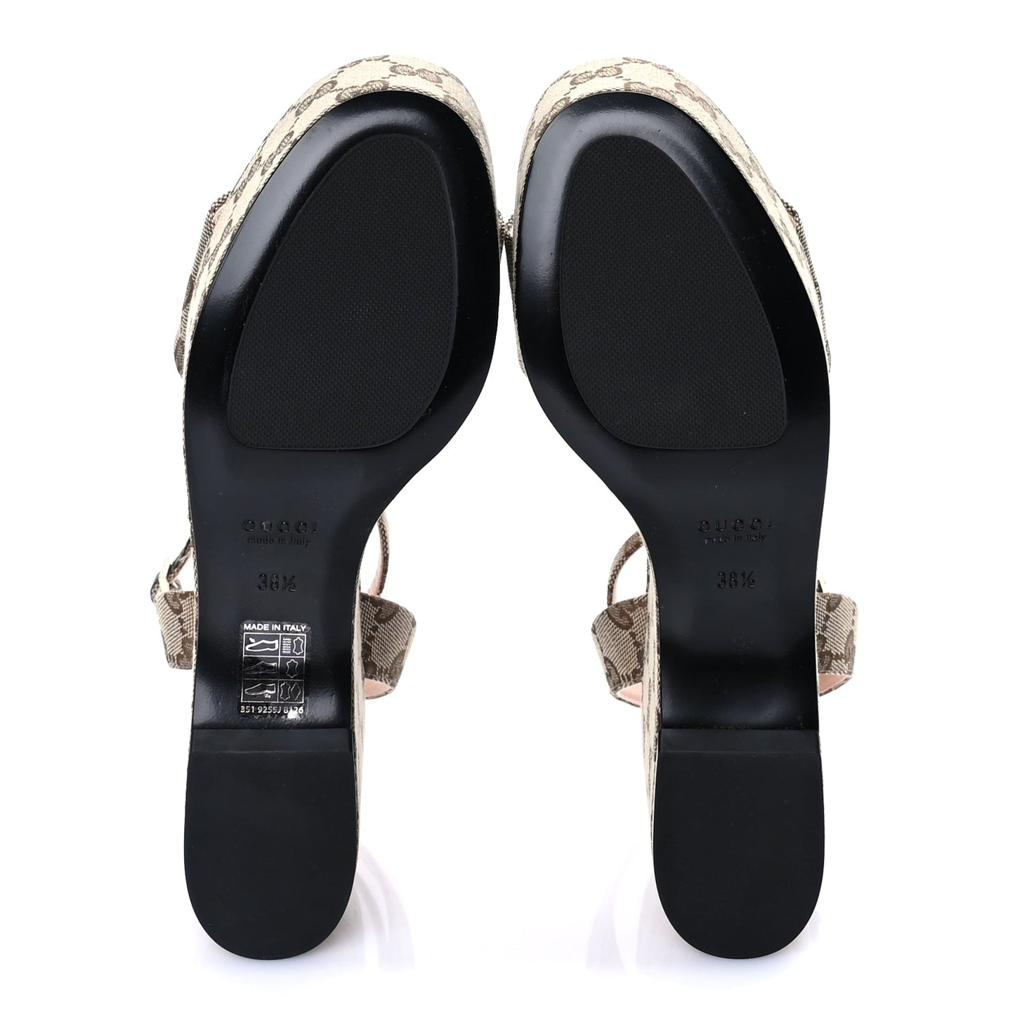 Gucci Monogram Nappa Chalotte Horsebit Ankle Strap 75mm Flatform Sandals 38.5  Beige Ebony