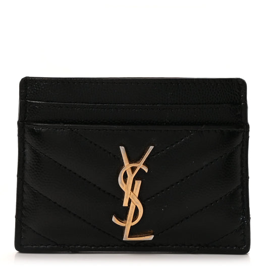 Saint Laurent Grain De Poudre Matelasse Chevron Monogram Credit Card Case  Black