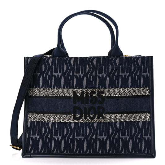 Christian Dior Canvas Calfskin Embroided Medium Miss Dior All Over Book Tote  Denim Multicolor