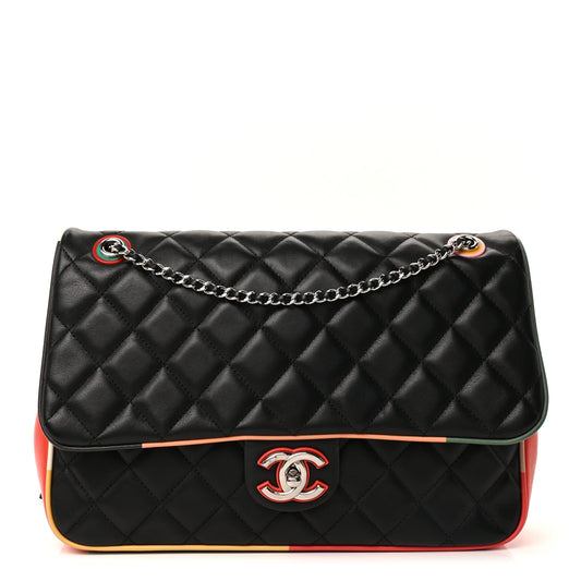 Chanel Lambskin Quilted Jumbo Cuba Color Flap  Black