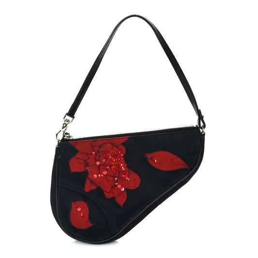 **LOAN** Christian Dior Canvas Stitched Flower Sequins Mini Saddle Pochette Black Red