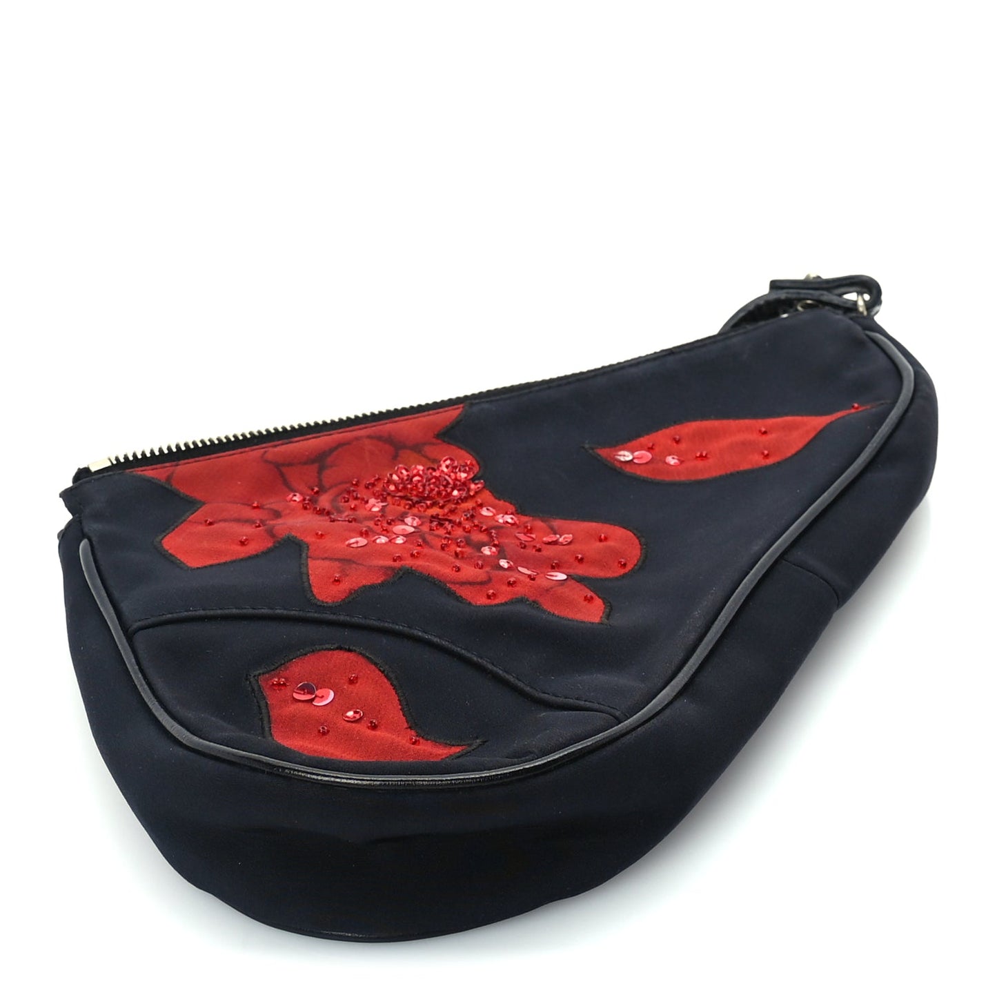 **LOAN** Christian Dior Canvas Stitched Flower Sequins Mini Saddle Pochette Black Red
