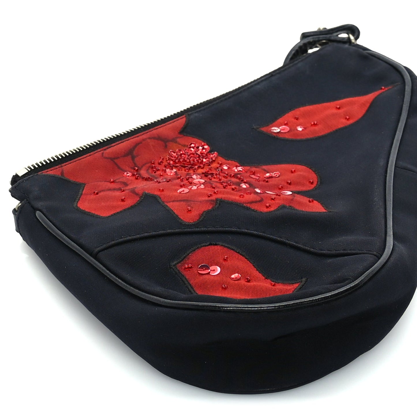 **LOAN** Christian Dior Canvas Stitched Flower Sequins Mini Saddle Pochette Black Red