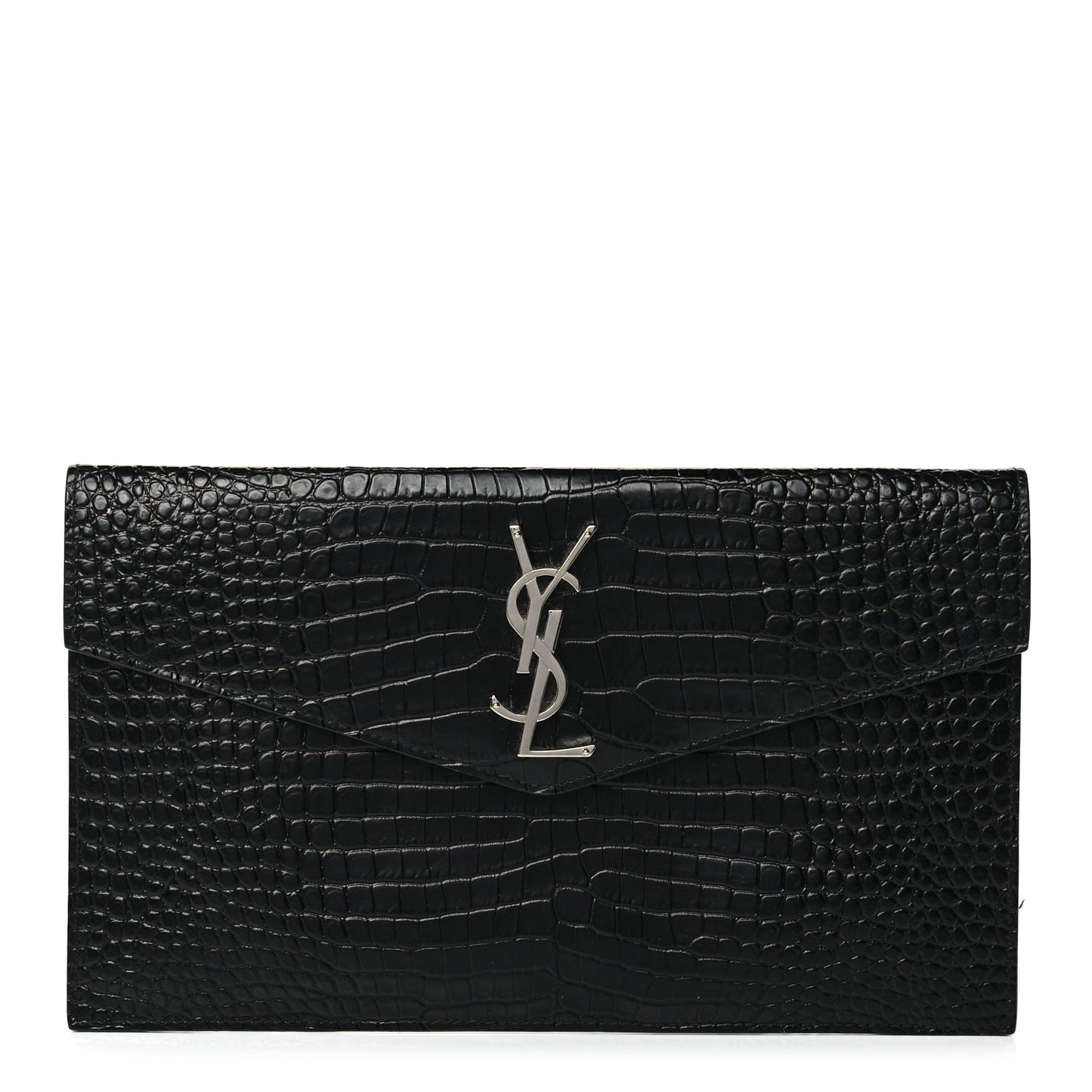 Saint Laurent Calfskin Crocodile Embossed Uptown Monogram Clutch Black