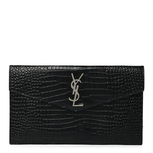 Saint Laurent Calfskin Crocodile Embossed Uptown Monogram Clutch Black