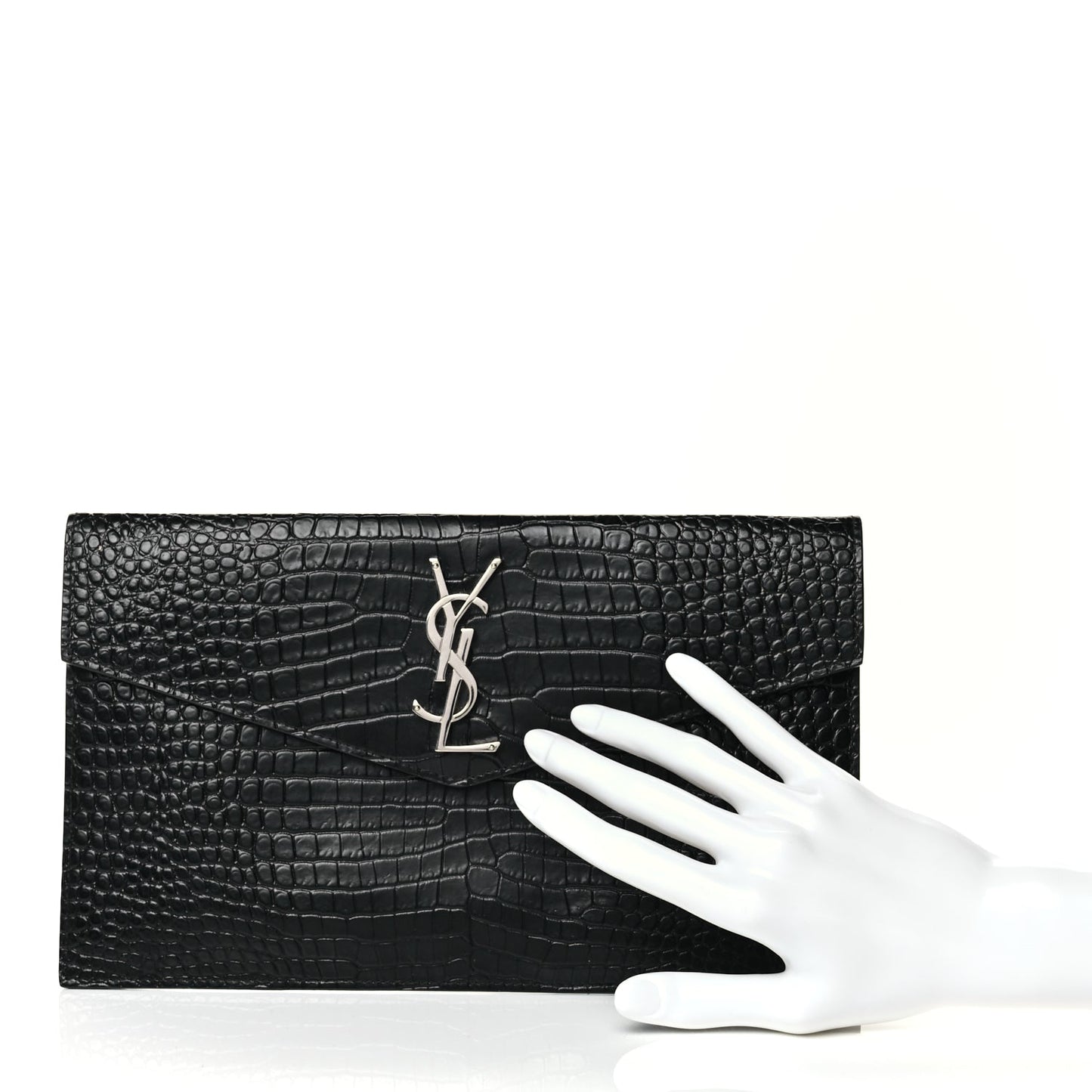 Saint Laurent Calfskin Crocodile Embossed Uptown Monogram Clutch Black