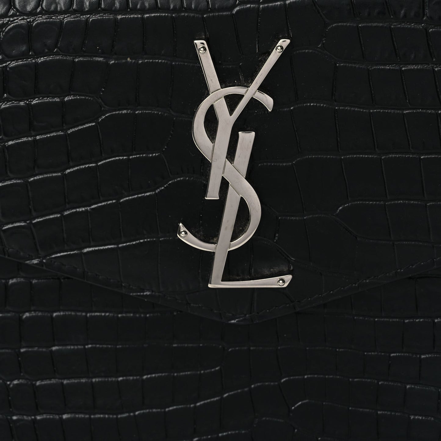 Saint Laurent Calfskin Crocodile Embossed Uptown Monogram Clutch Black