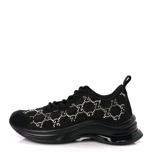 Gucci Mesh Crystal Suede GG Monogram Womens Gucci Run Sneakers 36 Black Silver