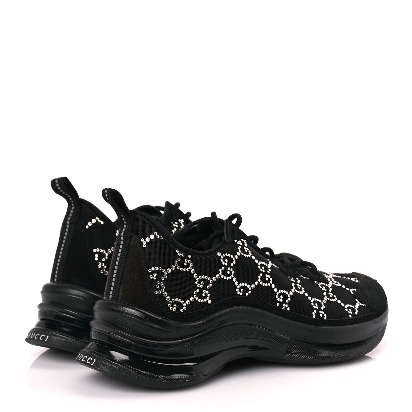 Gucci Mesh Crystal Suede GG Monogram Womens Gucci Run Sneakers 36 Black Silver