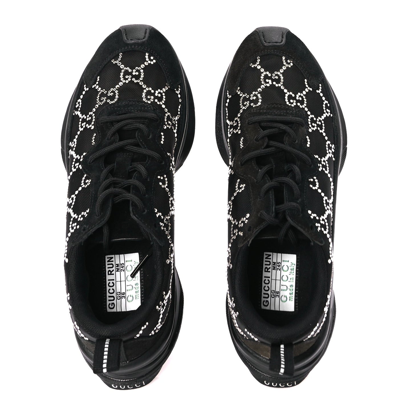 Gucci Mesh Crystal Suede GG Monogram Womens Gucci Run Sneakers 36 Black Silver