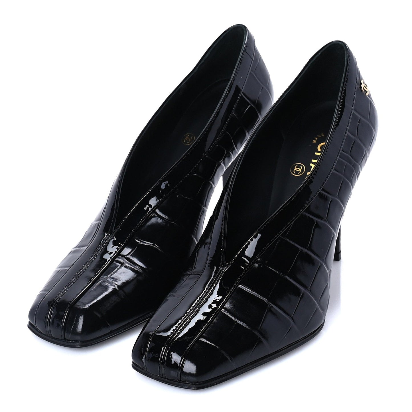 Chanel Crocodile Embossed Patent Calfskin Pumps 37 Black