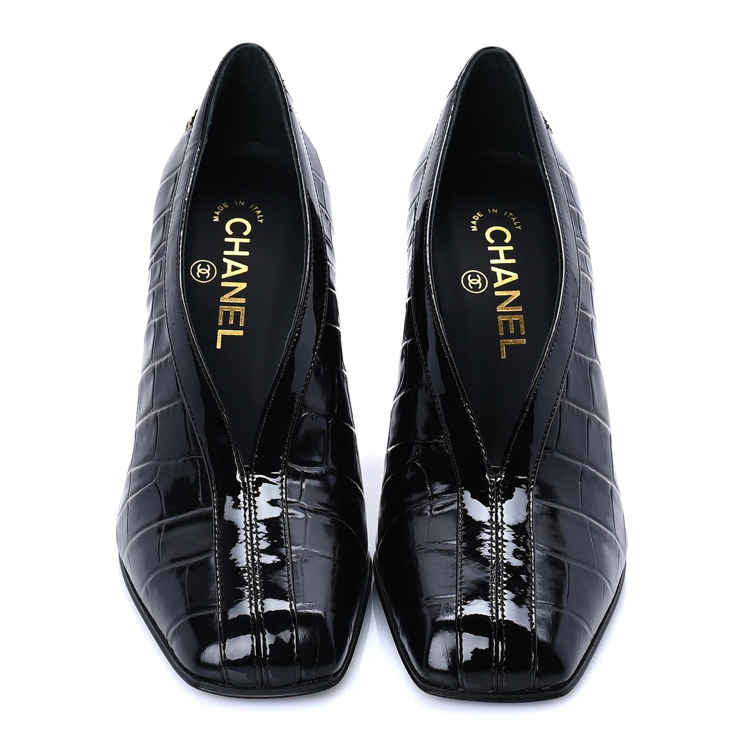 Chanel Crocodile Embossed Patent Calfskin Pumps 37 Black