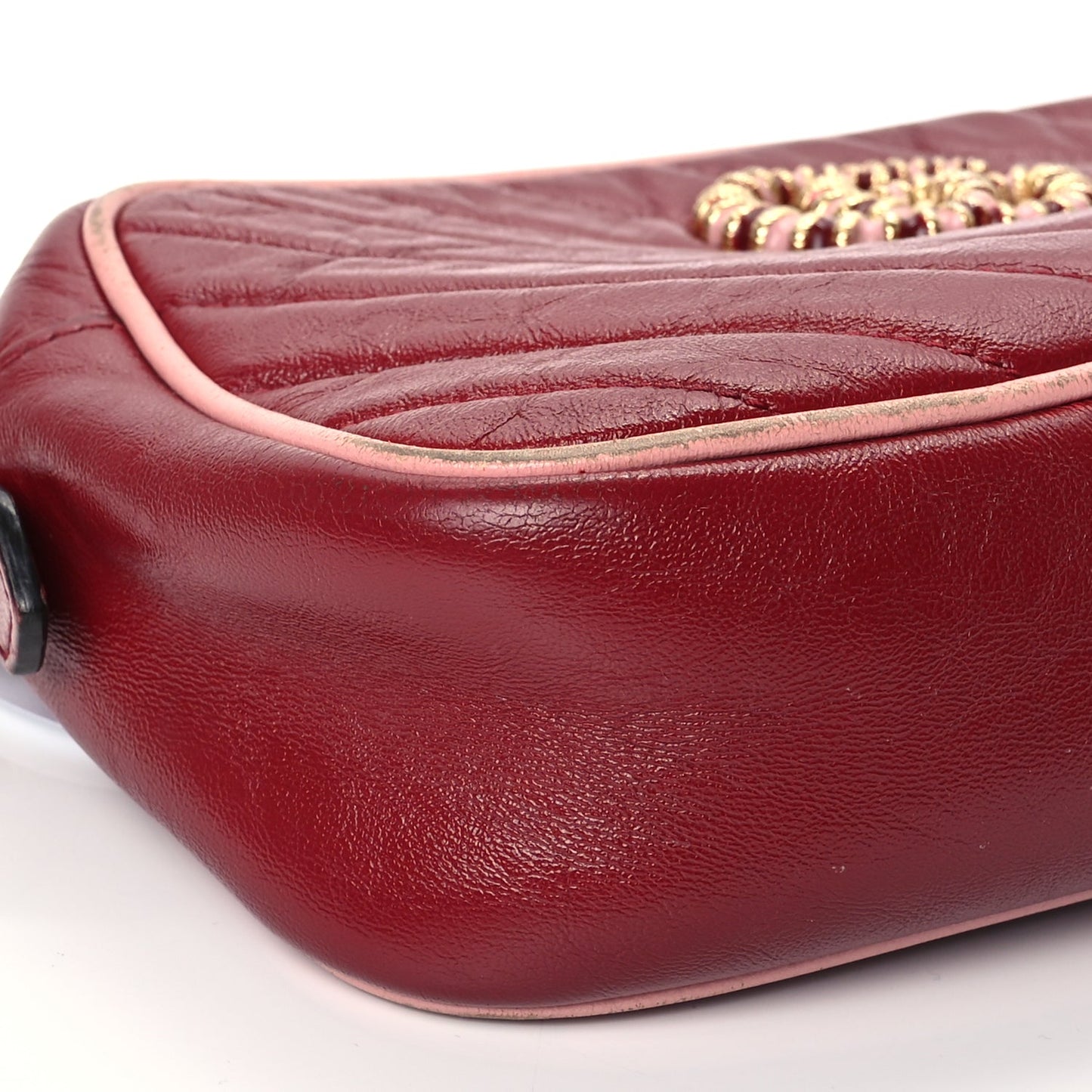 Gucci Azalea Calfskin Enamel Matelasse Diagonal Small Torchon GG Marmont Chain Shoulder Bag New Cherry Red Wild Rose