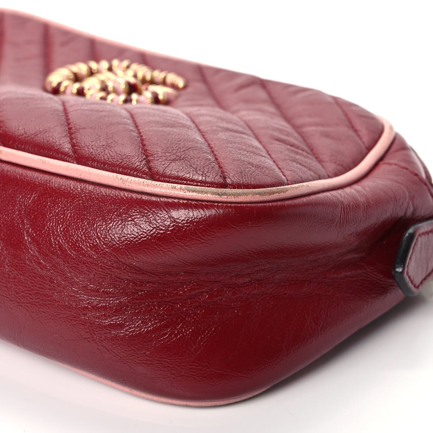 Gucci Azalea Calfskin Enamel Matelasse Diagonal Small Torchon GG Marmont Chain Shoulder Bag New Cherry Red Wild Rose