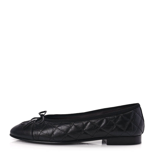 Chanel Aged Calfskin Quilted CC Cap Toe Ballerina Flats 36 Black