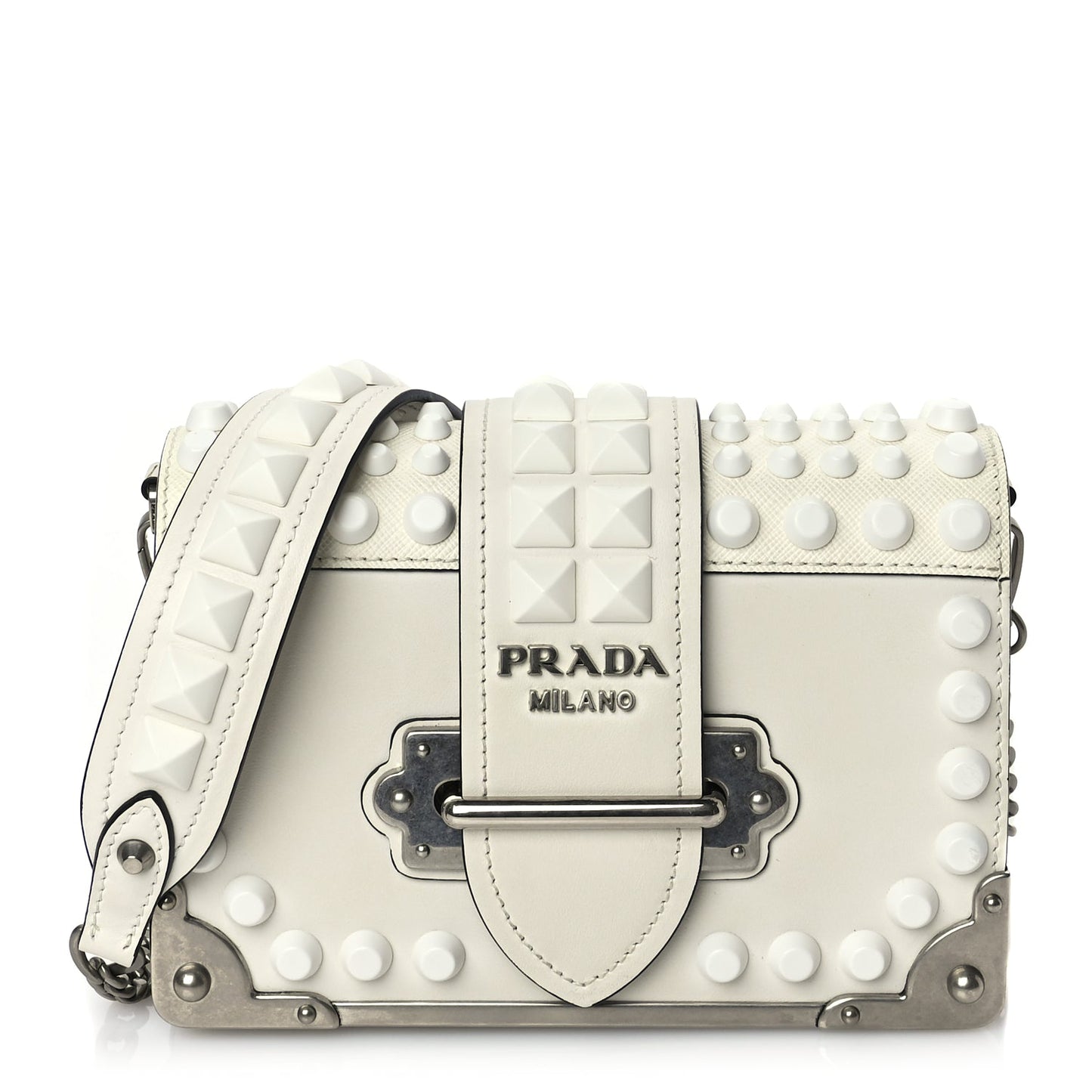 Prada City Calfskin Saffiano Studded Cahier Bag White