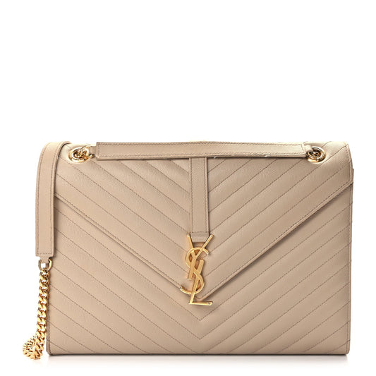 Saint Laurent Grain De Poudre Matelasse Chevron Large Monogram Satchel Dark Beige