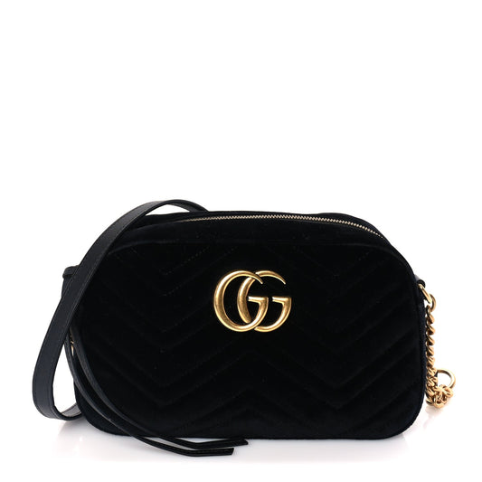 Gucci Velvet Matelasse Small GG Marmont Chain Shoulder Bag Black