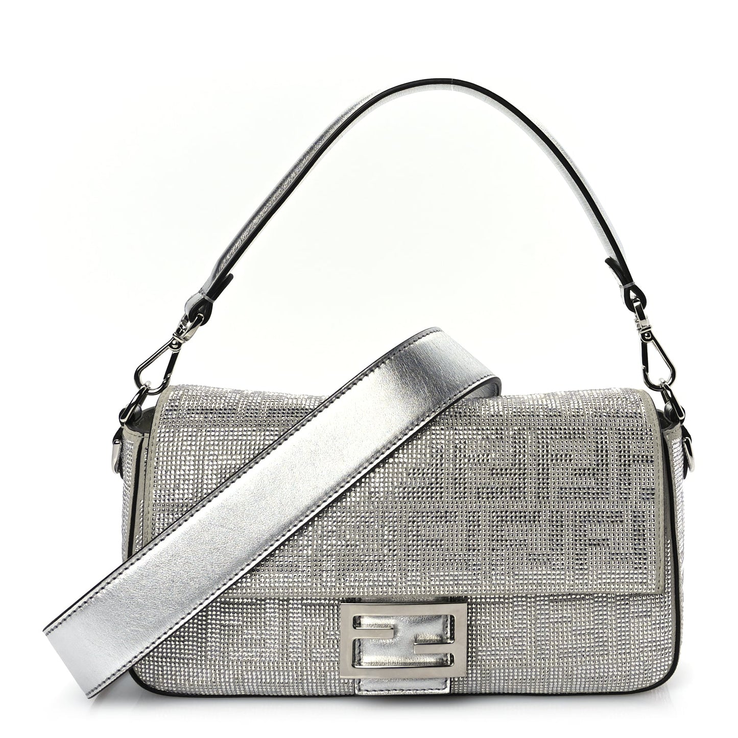 Fendi Crystal Vitello Laminato FF Medium Baguette Crystal Argento
