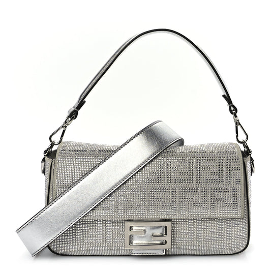 Fendi Crystal Vitello Laminato FF Medium Baguette Crystal Argento