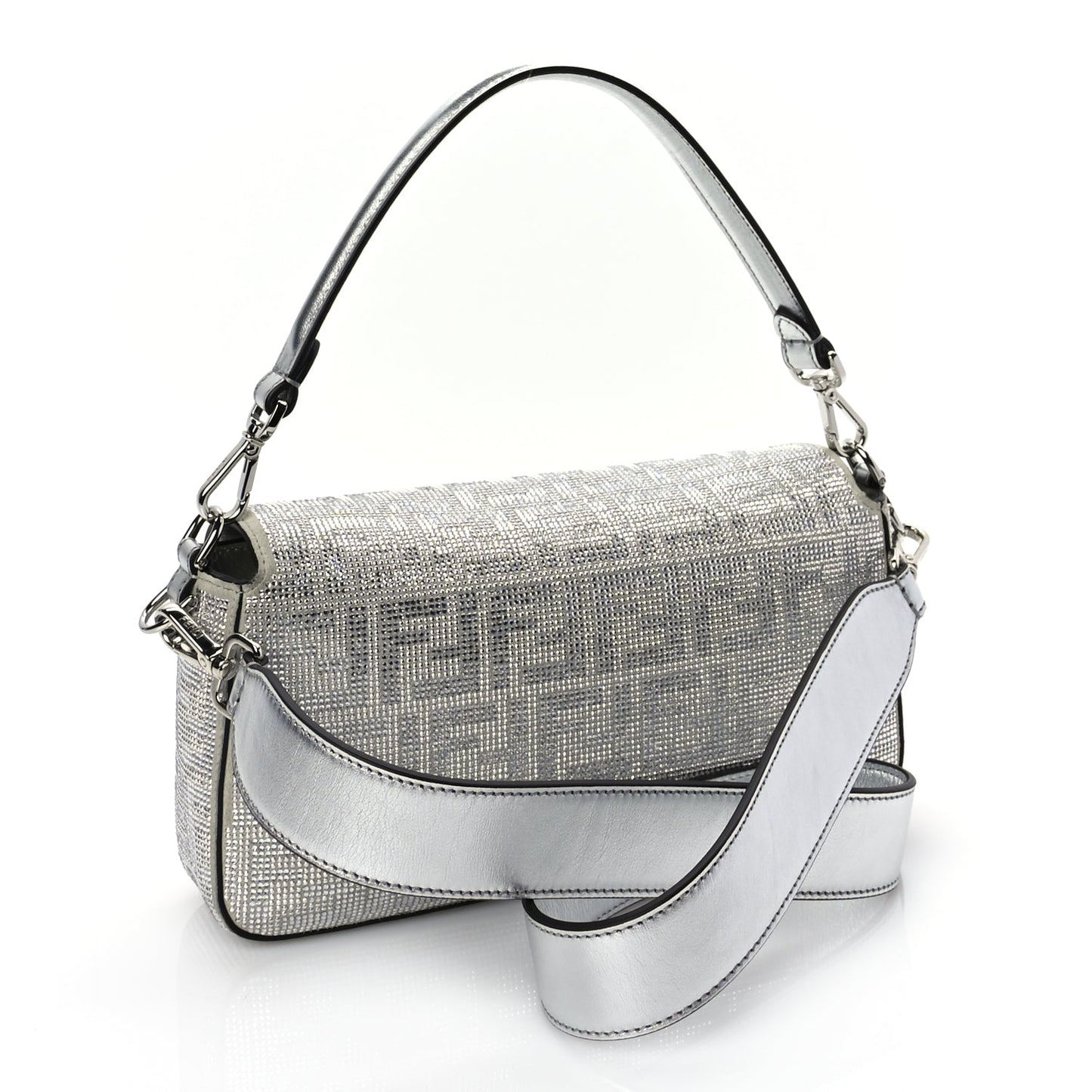 Fendi Crystal Vitello Laminato FF Medium Baguette Crystal Argento