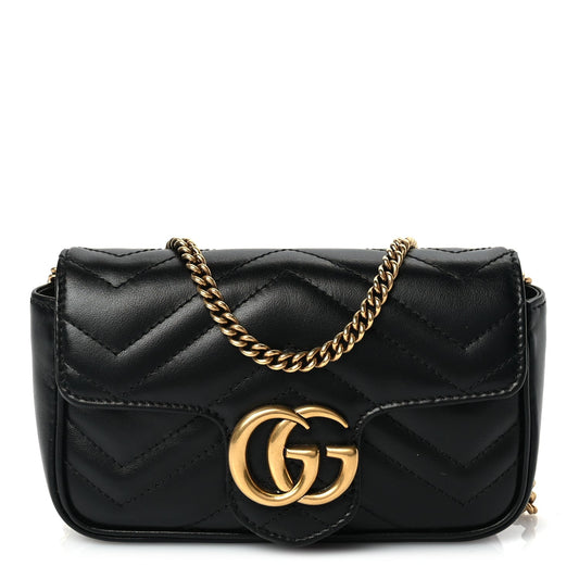 Gucci Calfskin Matelasse Super Mini GG Marmont Shoulder Bag Black