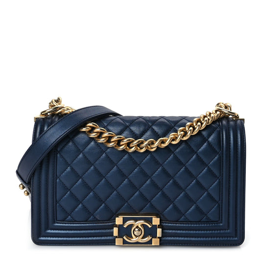 Chanel Metallic Calfskin Quilted Medium Boy Flap Navy Blue