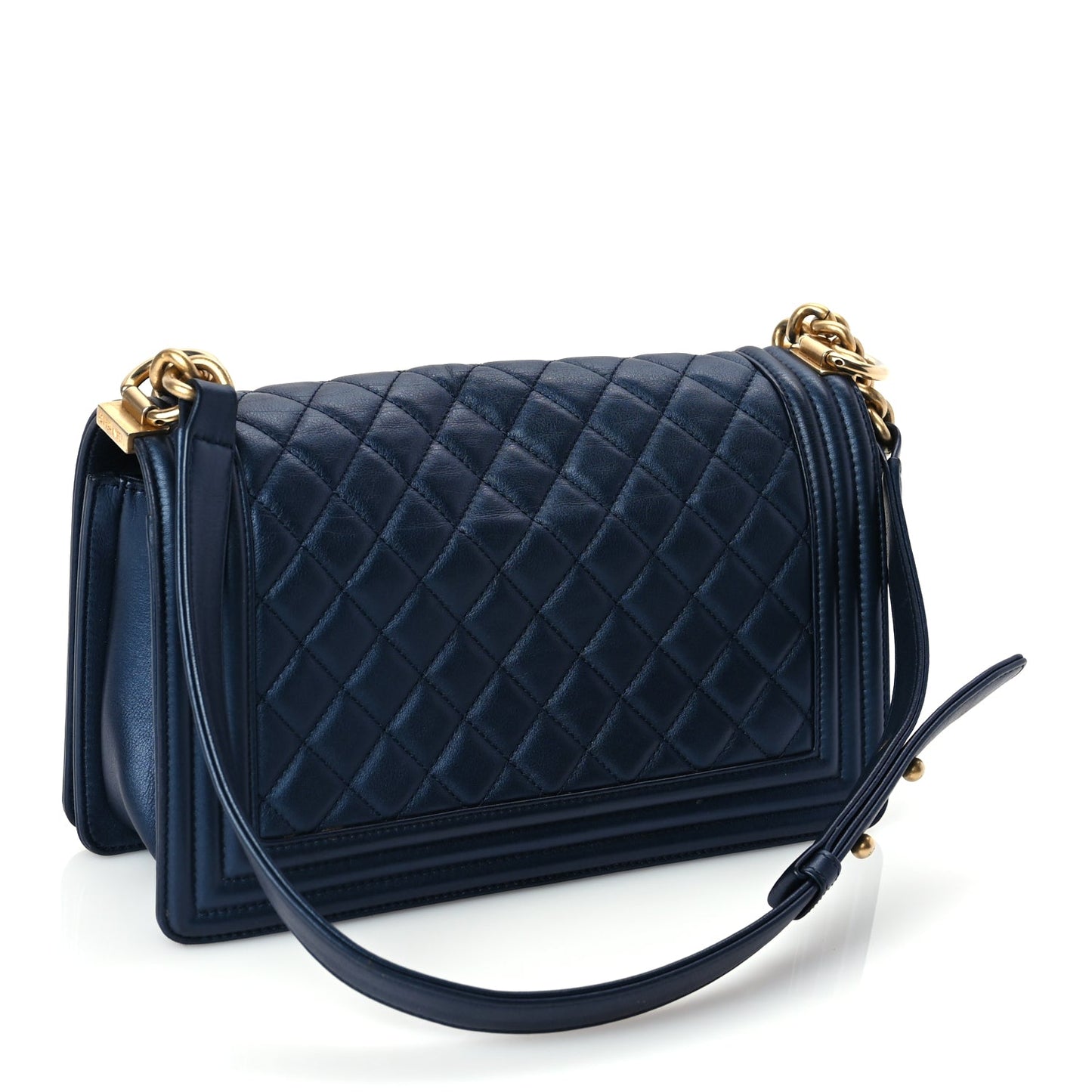 Chanel Metallic Calfskin Quilted Medium Boy Flap Navy Blue