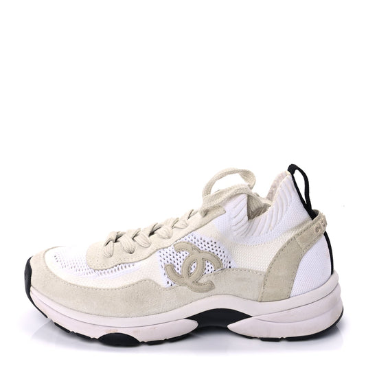 Chanel Knit Fabric Suede Calfskin Womens CC Sneakers 36.5 Ivory Light Beige