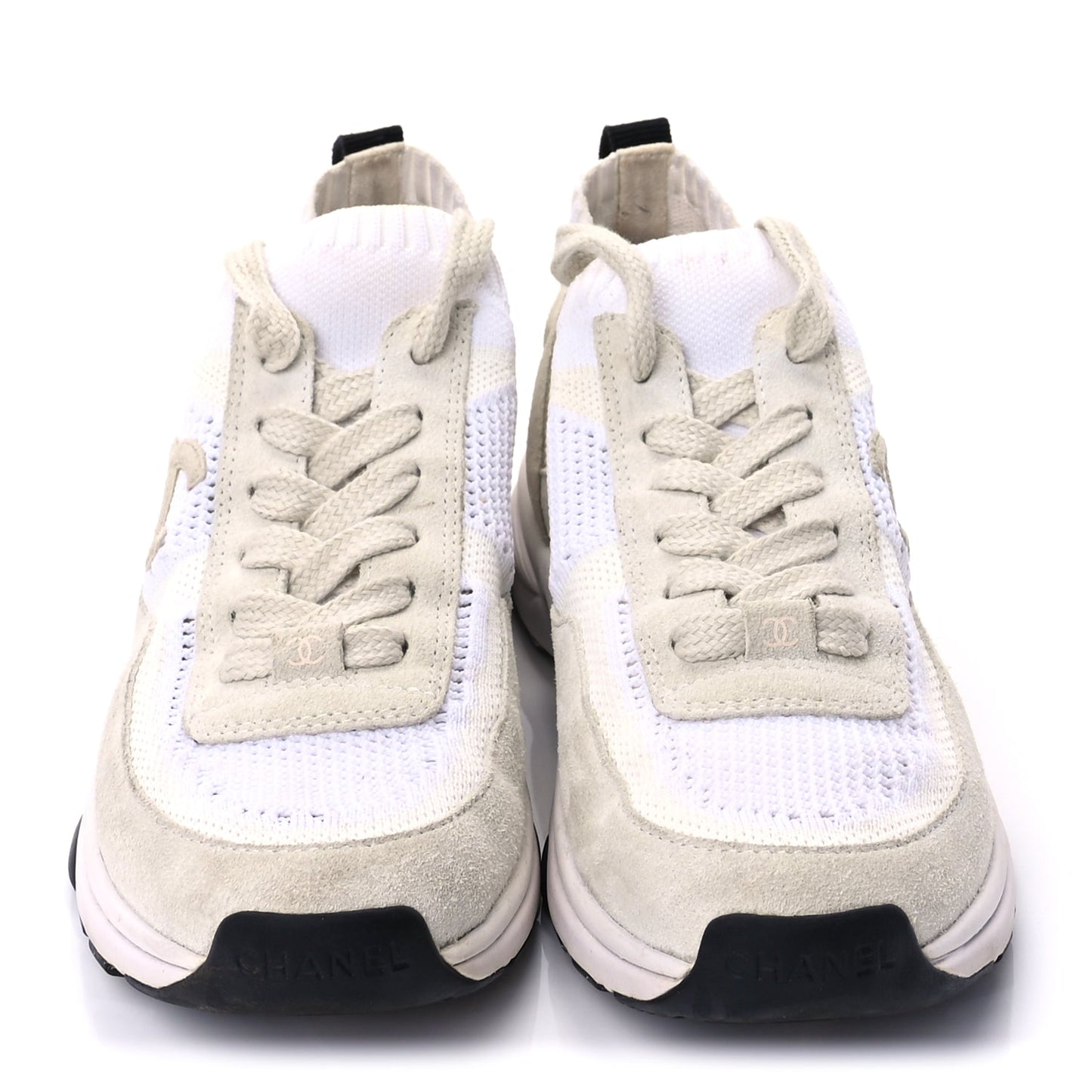 Chanel Knit Fabric Suede Calfskin Womens CC Sneakers 36.5 Ivory Light Beige