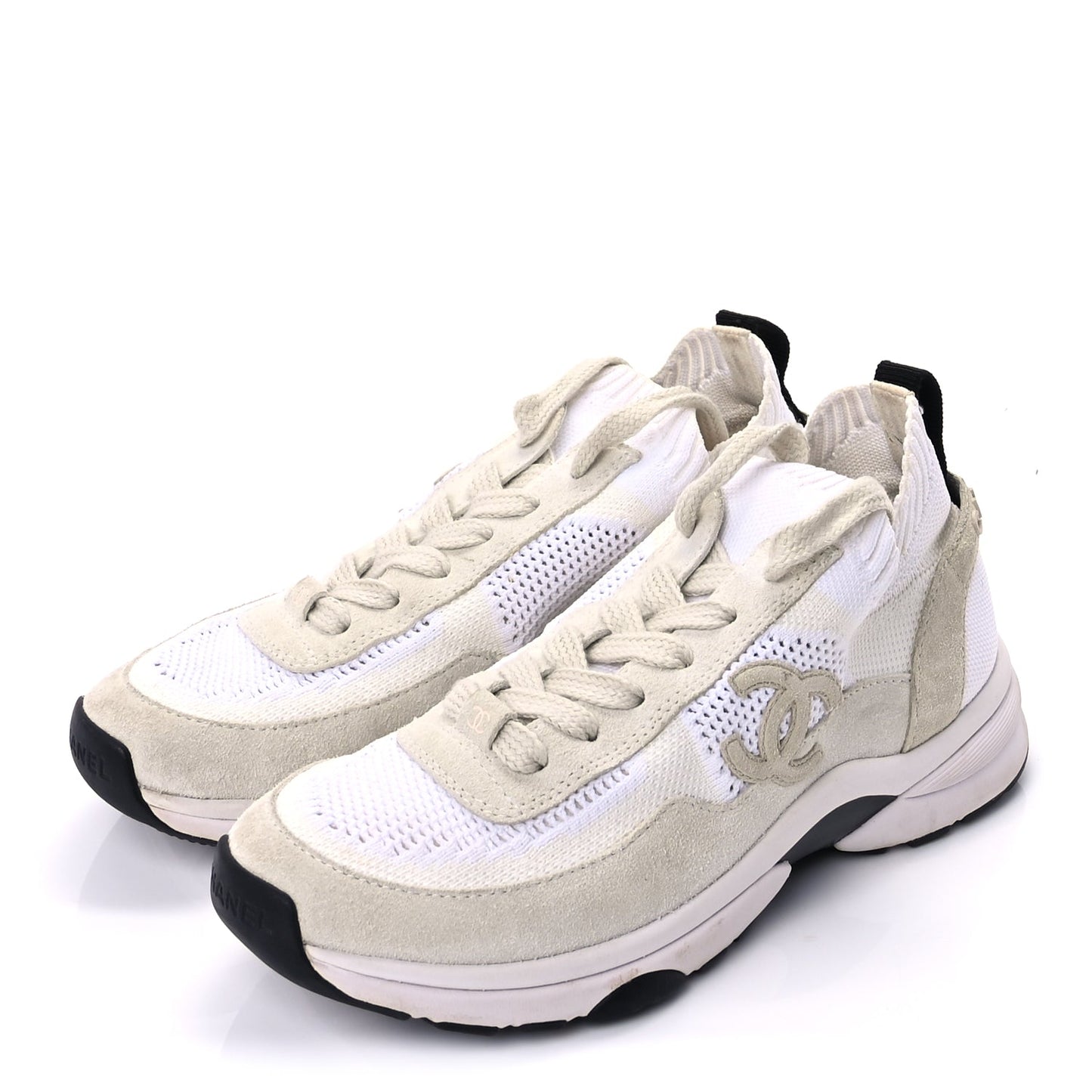 Chanel Knit Fabric Suede Calfskin Womens CC Sneakers 36.5 Ivory Light Beige