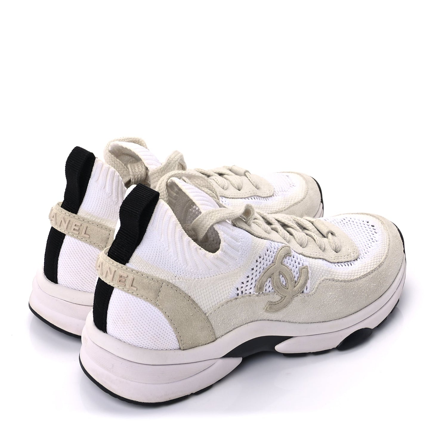 Chanel Knit Fabric Suede Calfskin Womens CC Sneakers 36.5 Ivory Light Beige