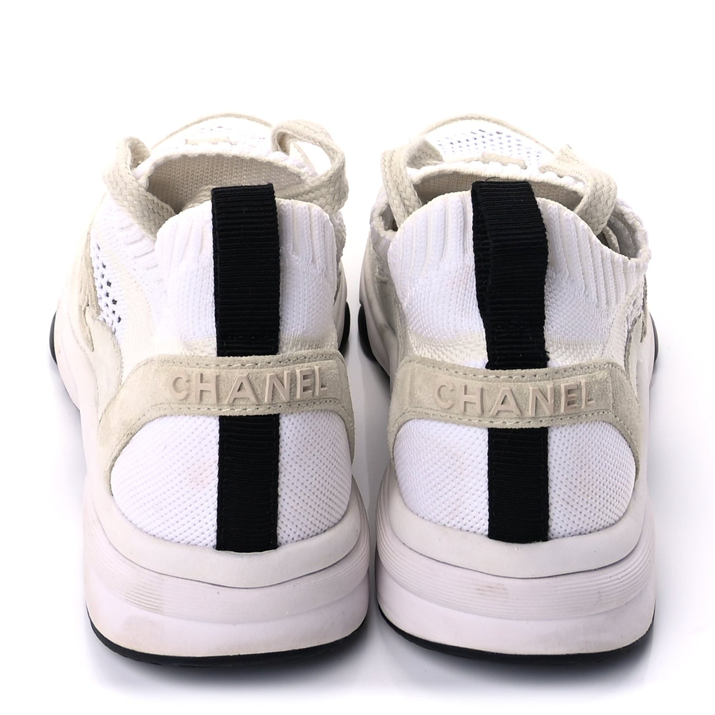 Chanel Knit Fabric Suede Calfskin Womens CC Sneakers 36.5 Ivory Light Beige