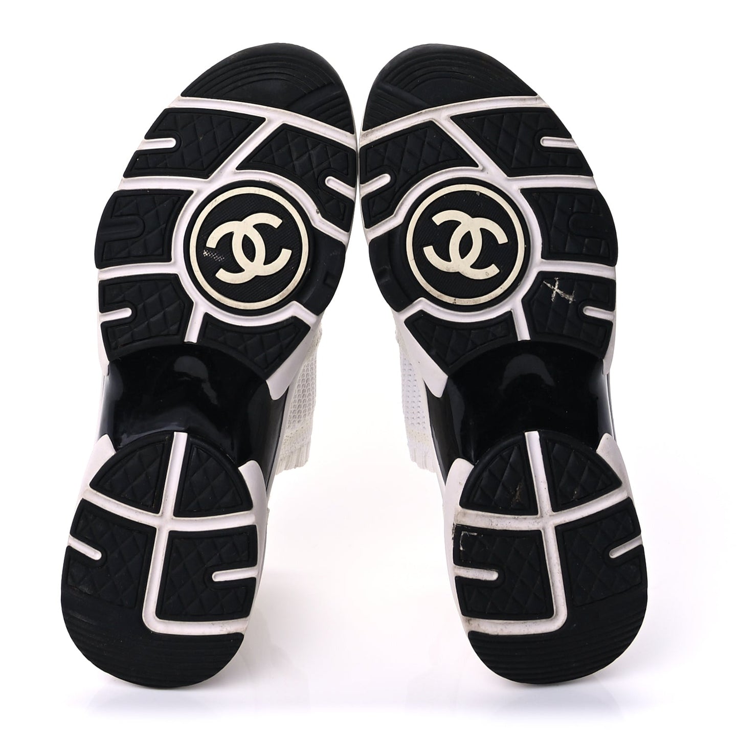 Chanel Knit Fabric Suede Calfskin Womens CC Sneakers 36.5 Ivory Light Beige