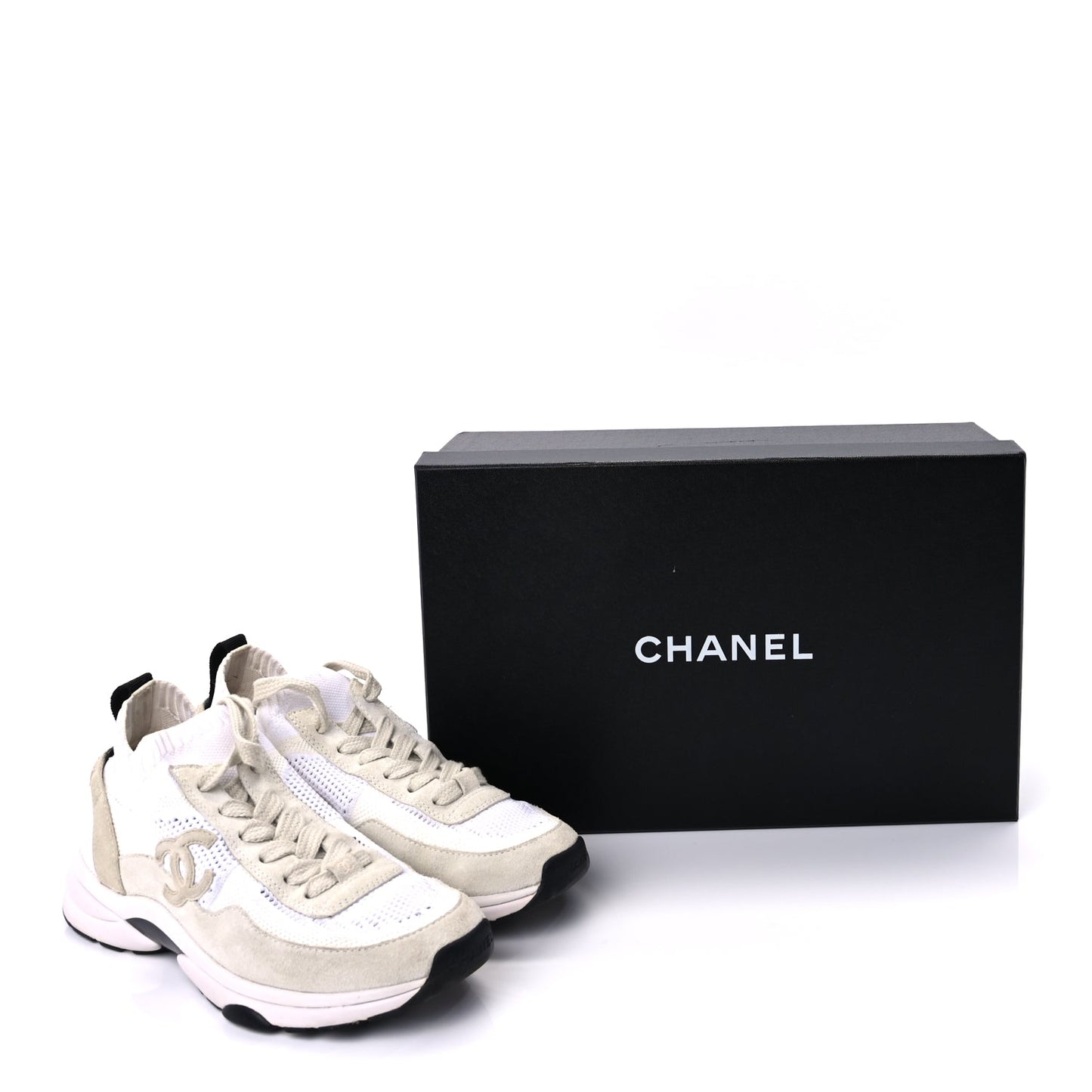 Chanel Knit Fabric Suede Calfskin Womens CC Sneakers 36.5 Ivory Light Beige