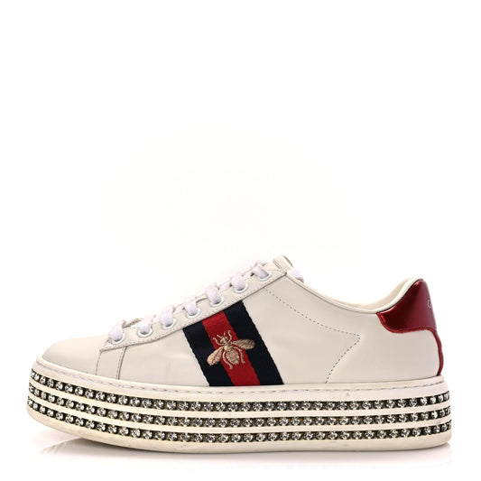Gucci Calfskin Crystal Web Bee Embroidered Womens Ace Platform Sneakers 36 White