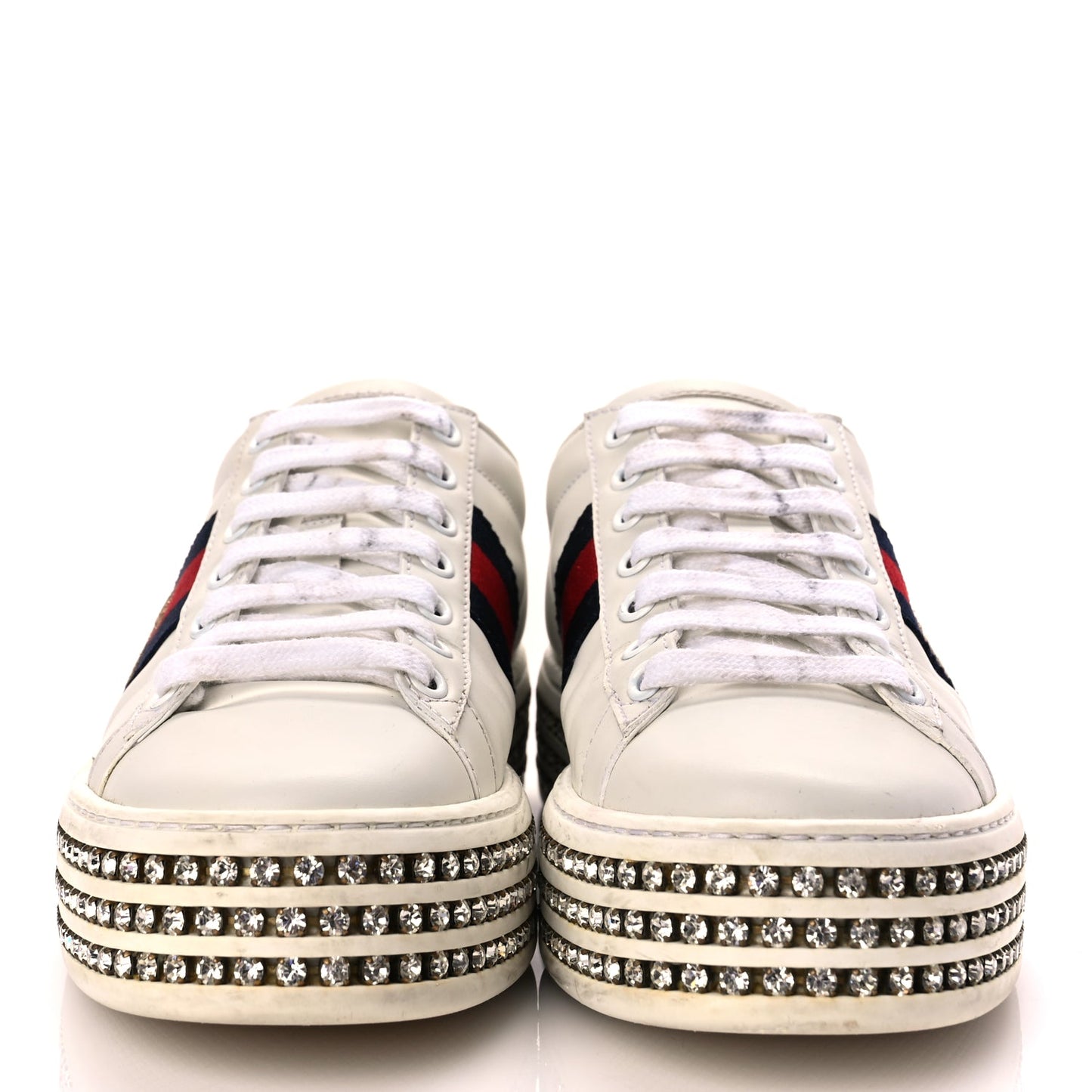Gucci Calfskin Crystal Web Bee Embroidered Womens Ace Platform Sneakers 36 White