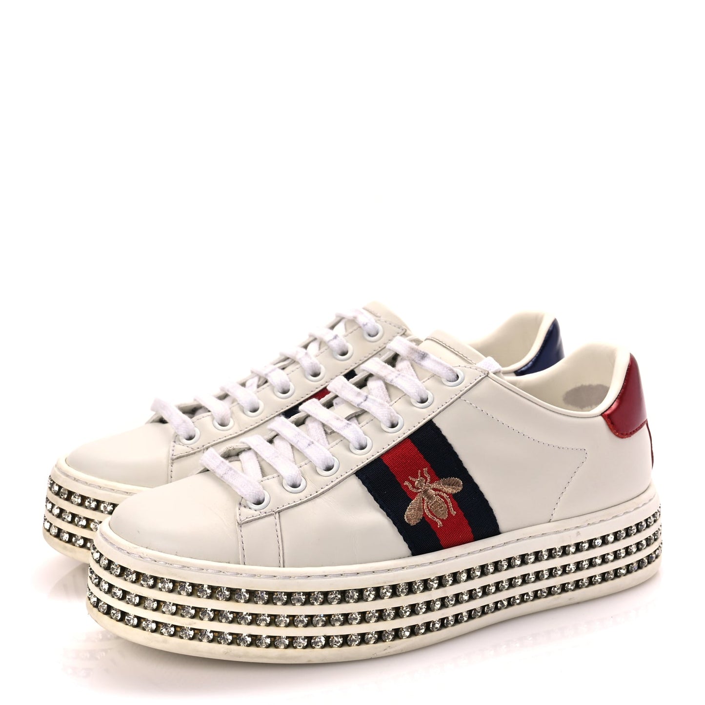 Gucci Calfskin Crystal Web Bee Embroidered Womens Ace Platform Sneakers 36 White