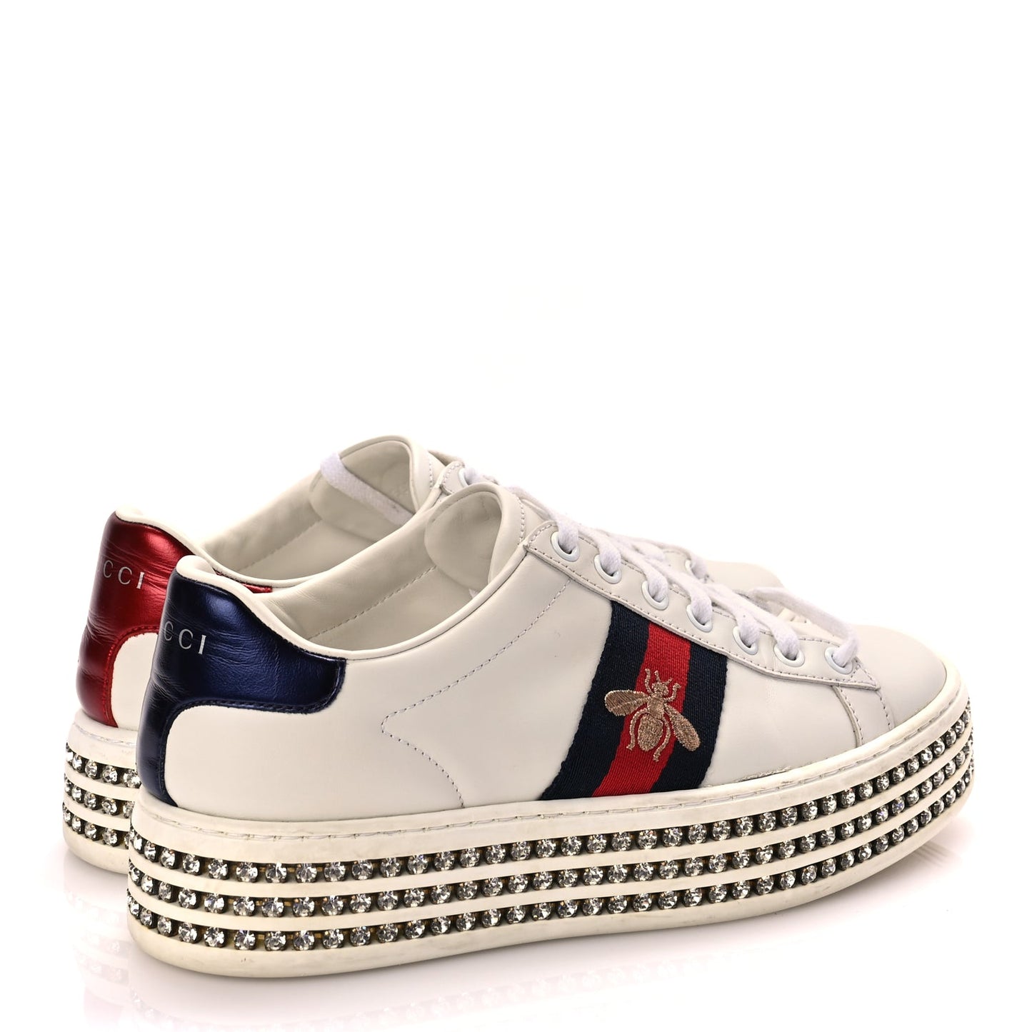 Gucci Calfskin Crystal Web Bee Embroidered Womens Ace Platform Sneakers 36 White