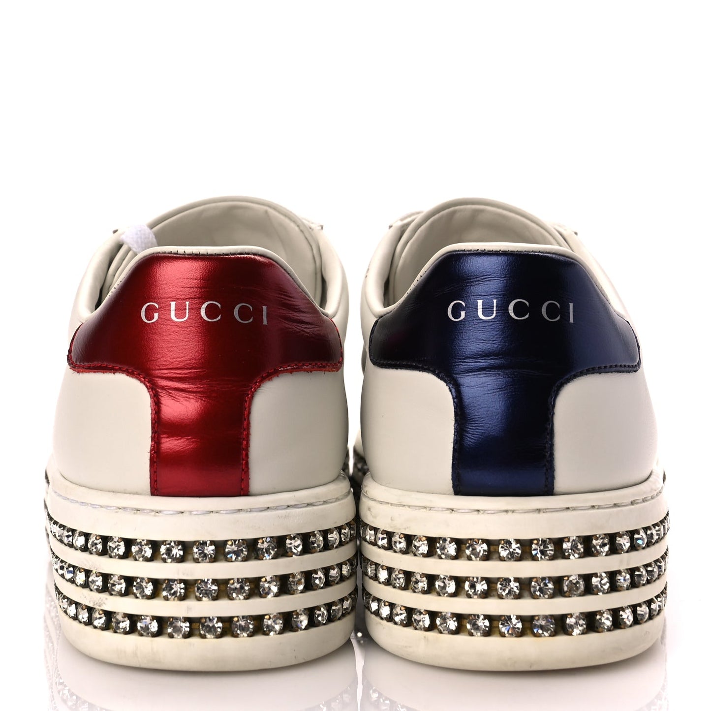 Gucci Calfskin Crystal Web Bee Embroidered Womens Ace Platform Sneakers 36 White