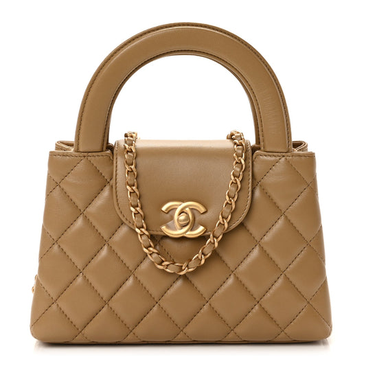 Chanel Shiny Aged Calfskin Quilted Nano Kelly Shopper Beige