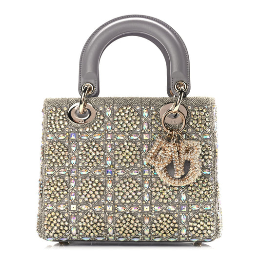 Christian Dior Calfskin Satin Celestial Bead Embroidery Cannage Mini Lady Dior Grey