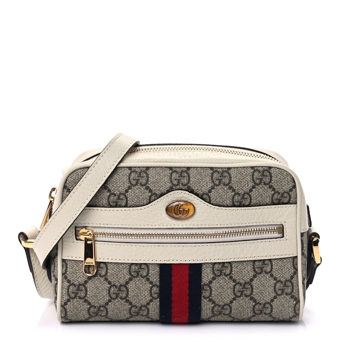 Gucci GG Supreme Monogram Textured Calfskin Web Mini Ophidia Shoulder Bag Beige Ebony Mystic White