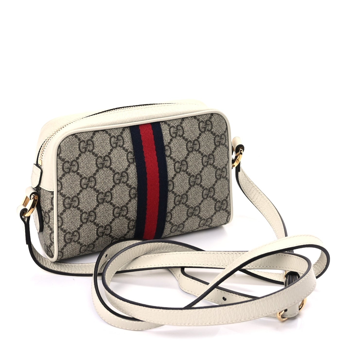 Gucci GG Supreme Monogram Textured Calfskin Web Mini Ophidia Shoulder Bag Beige Ebony Mystic White
