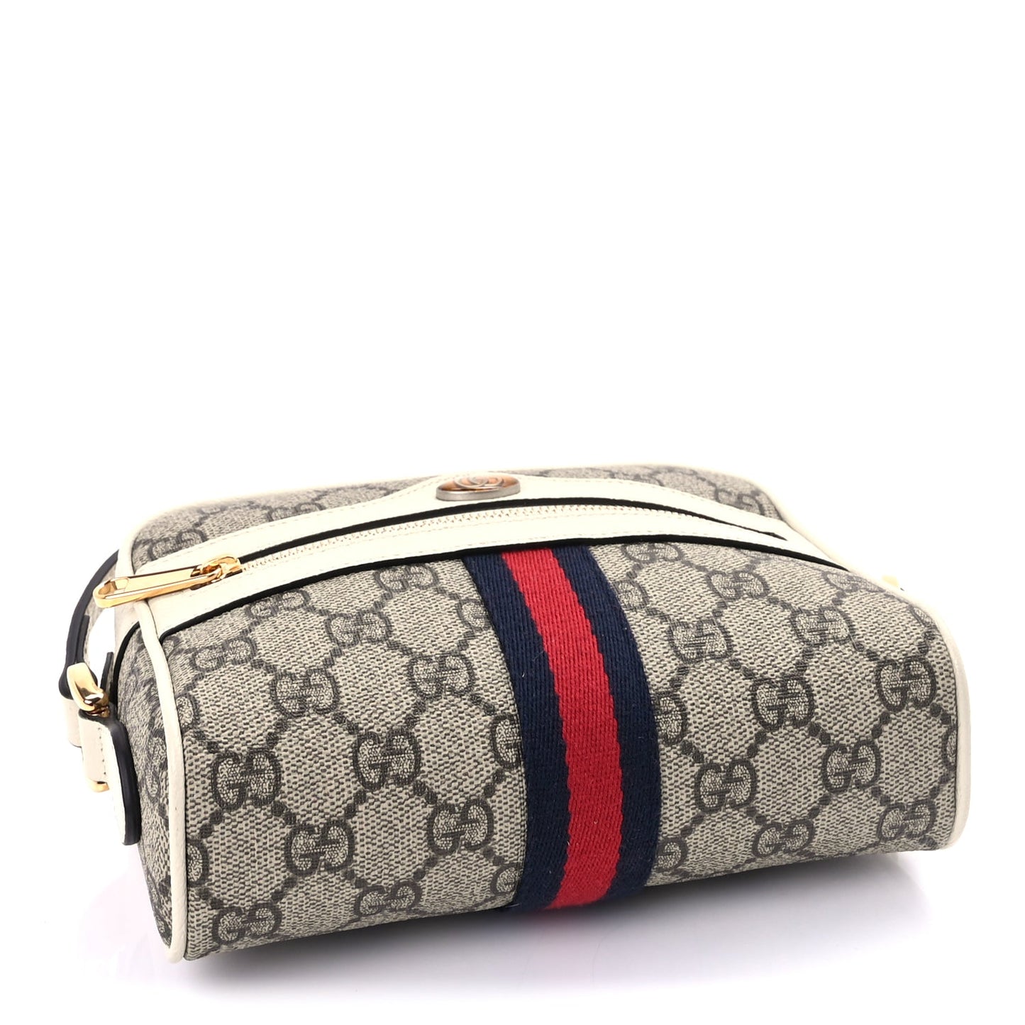 Gucci GG Supreme Monogram Textured Calfskin Web Mini Ophidia Shoulder Bag Beige Ebony Mystic White