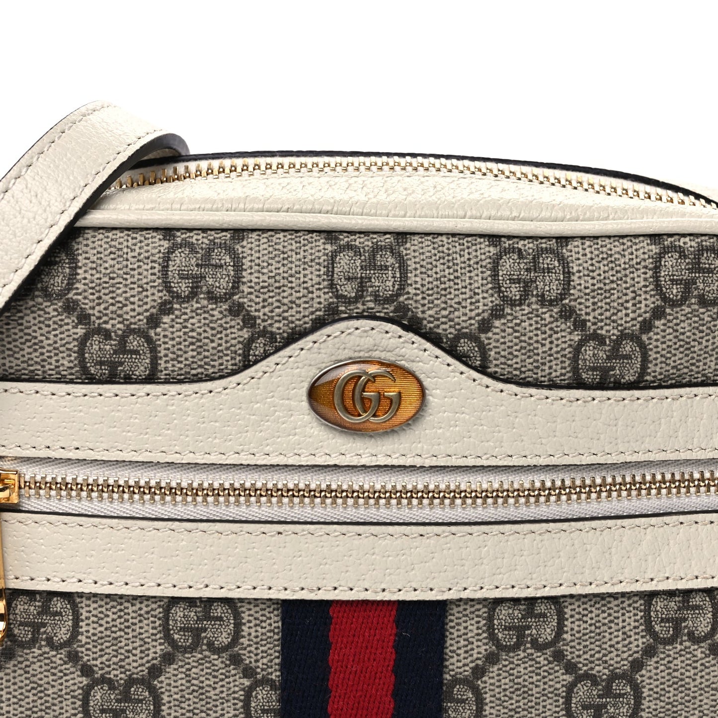 Gucci GG Supreme Monogram Textured Calfskin Web Mini Ophidia Shoulder Bag Beige Ebony Mystic White